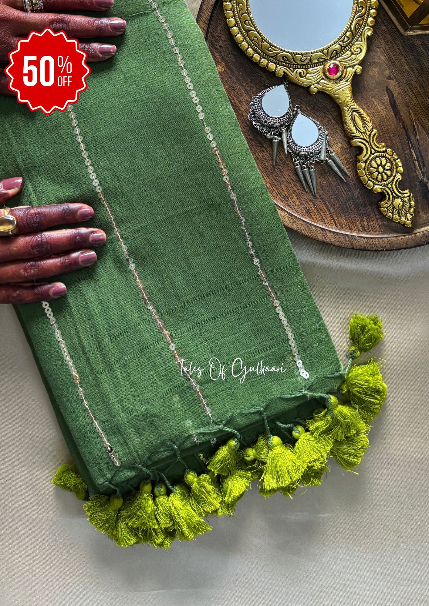 The Green -Sequinned Mulmul Cotton Saree
