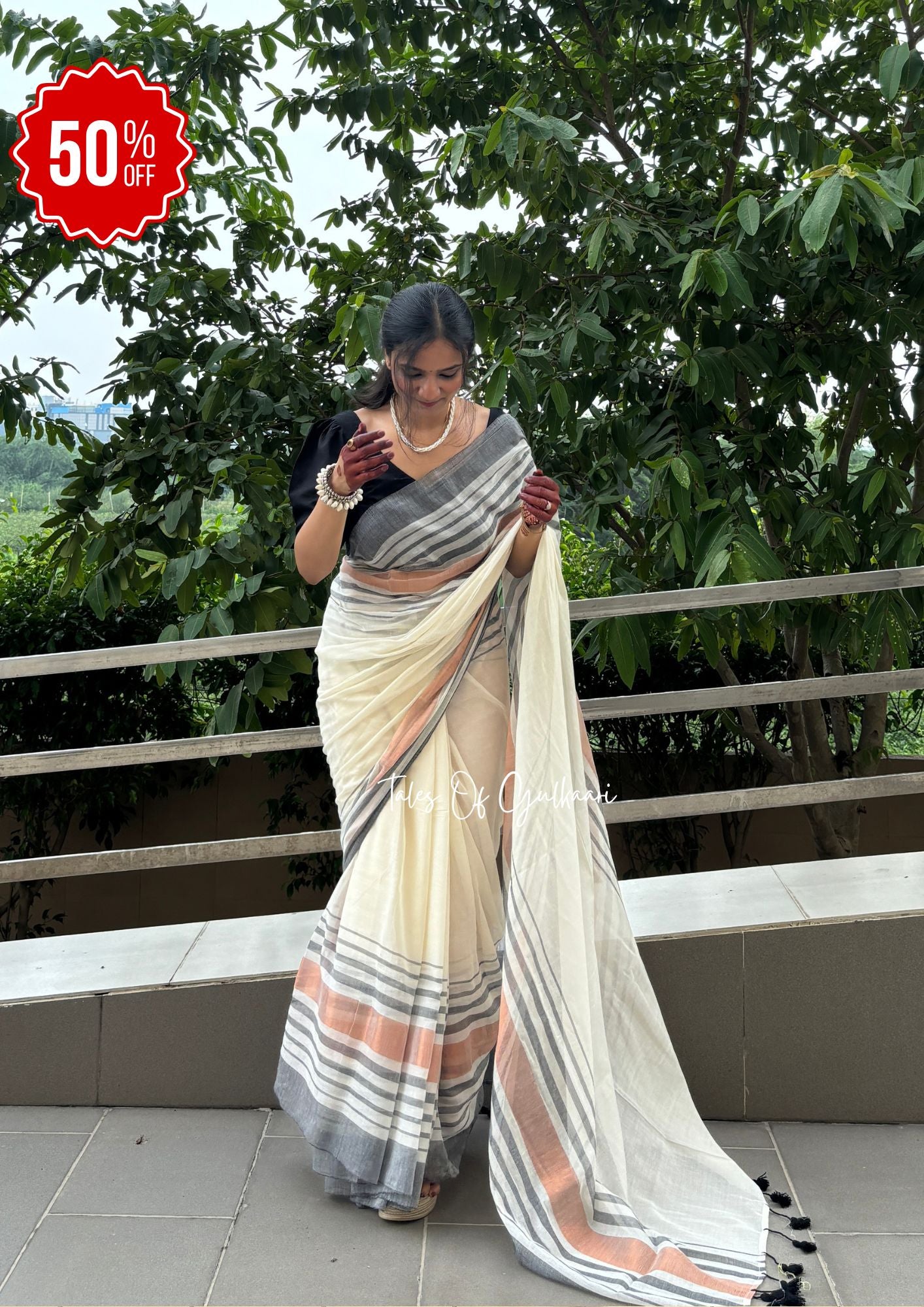 The White & Black -Striped Mulmul Cotton Saree