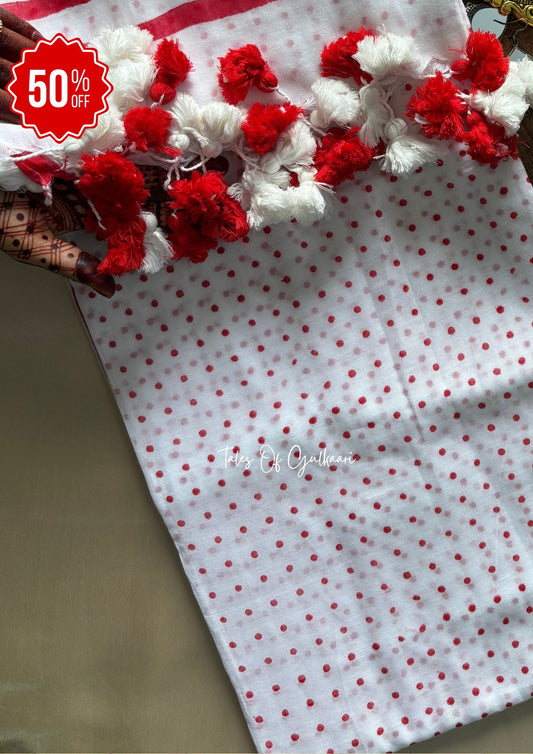 The White & Red -Polka Dots- Mulmul Cotton Saree