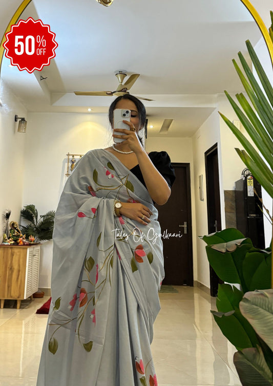 The Soft Grey - Hand-Painted Soft Mul Cotton Saree