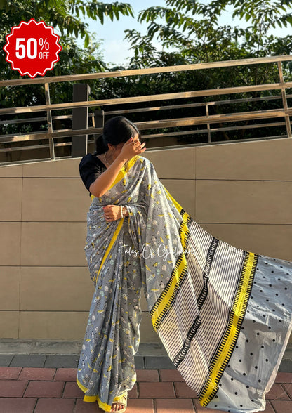 The Quirky Grey - Hand-Block Prints Soft Mul Cotton Saree