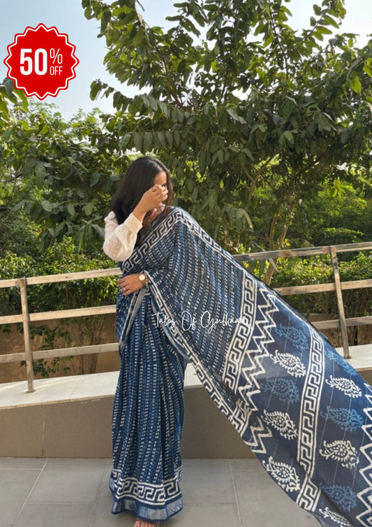 The Indigo Hues - Cotton-Linen Hand-Block Print Saree