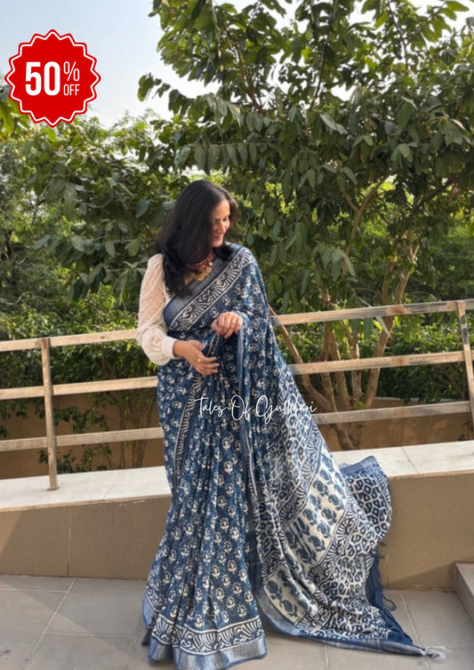 The Indigo Bloom - Cotton-Linen Hand-Block Print Saree