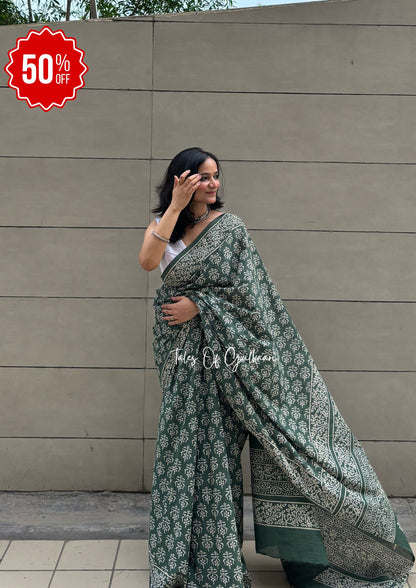 The Green Breeze - Hand-Block Prints Soft Mul Cotton Saree