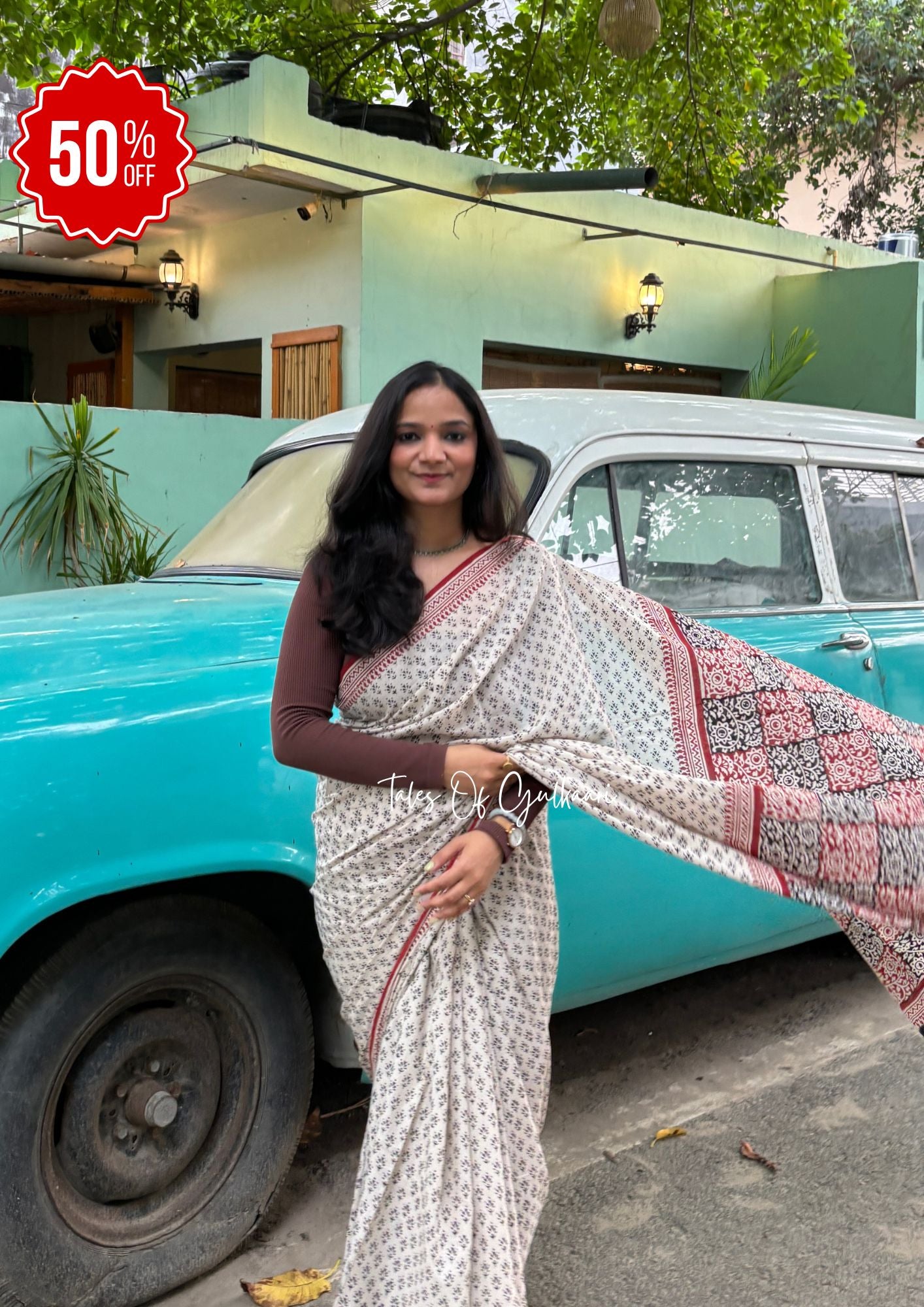 The Black & Beige Flower - Hand-Block Prints Soft Mul Cotton Saree