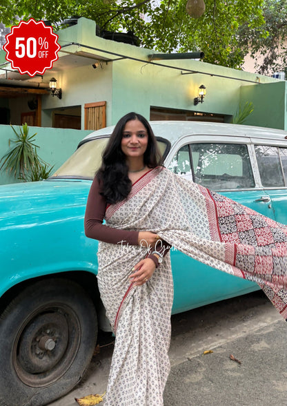 The Black & Beige Flower - Hand-Block Prints Soft Mul Cotton Saree