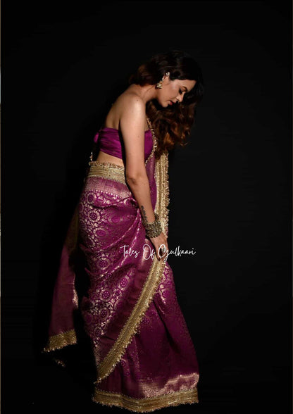 The Noor-E-Bandhej ~ Soft Katan Silk Saree In Purple with Lace Work