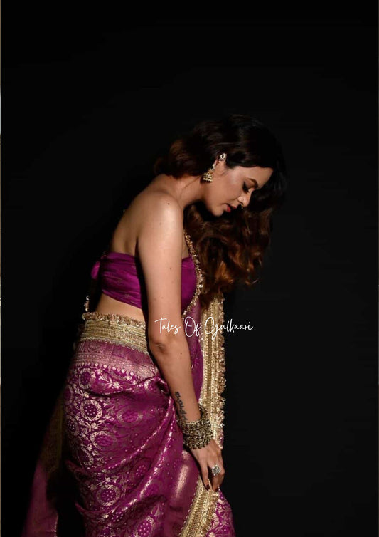 The Noor-E-Bandhej ~ Soft Katan Silk Saree In Purple with Lace Work