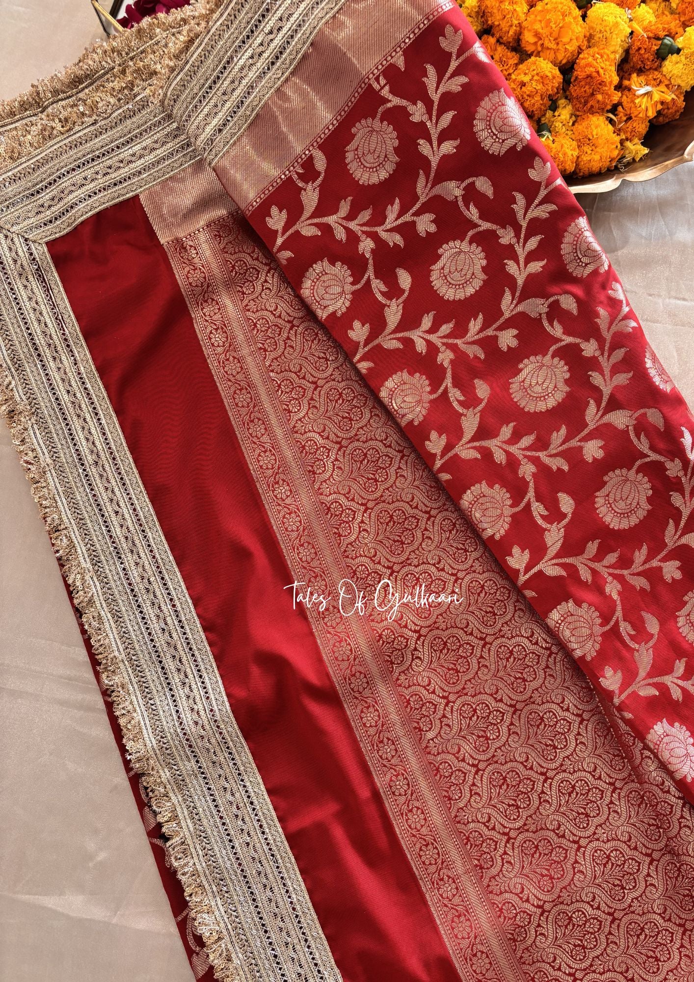 Gul ~ Soft Silk Saree in Red with Lace Work