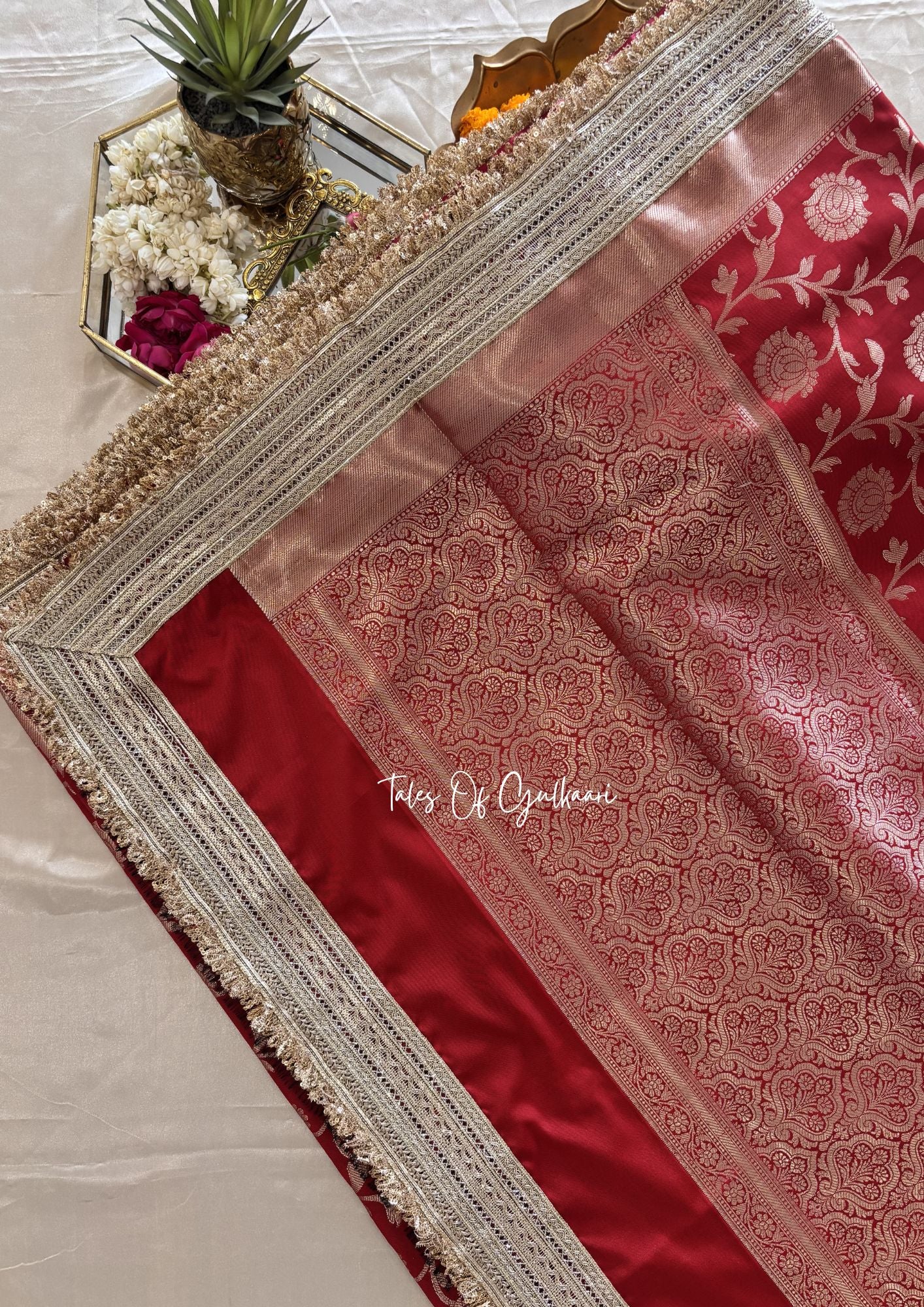 Gul ~ Soft Silk Saree in Red with Lace Work
