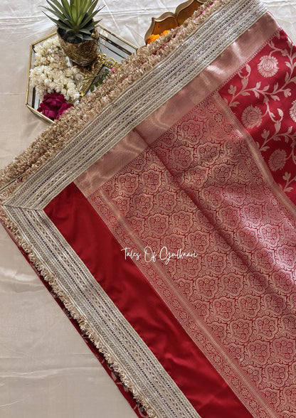 Gul ~ Soft Silk Saree in Red with Lace Work