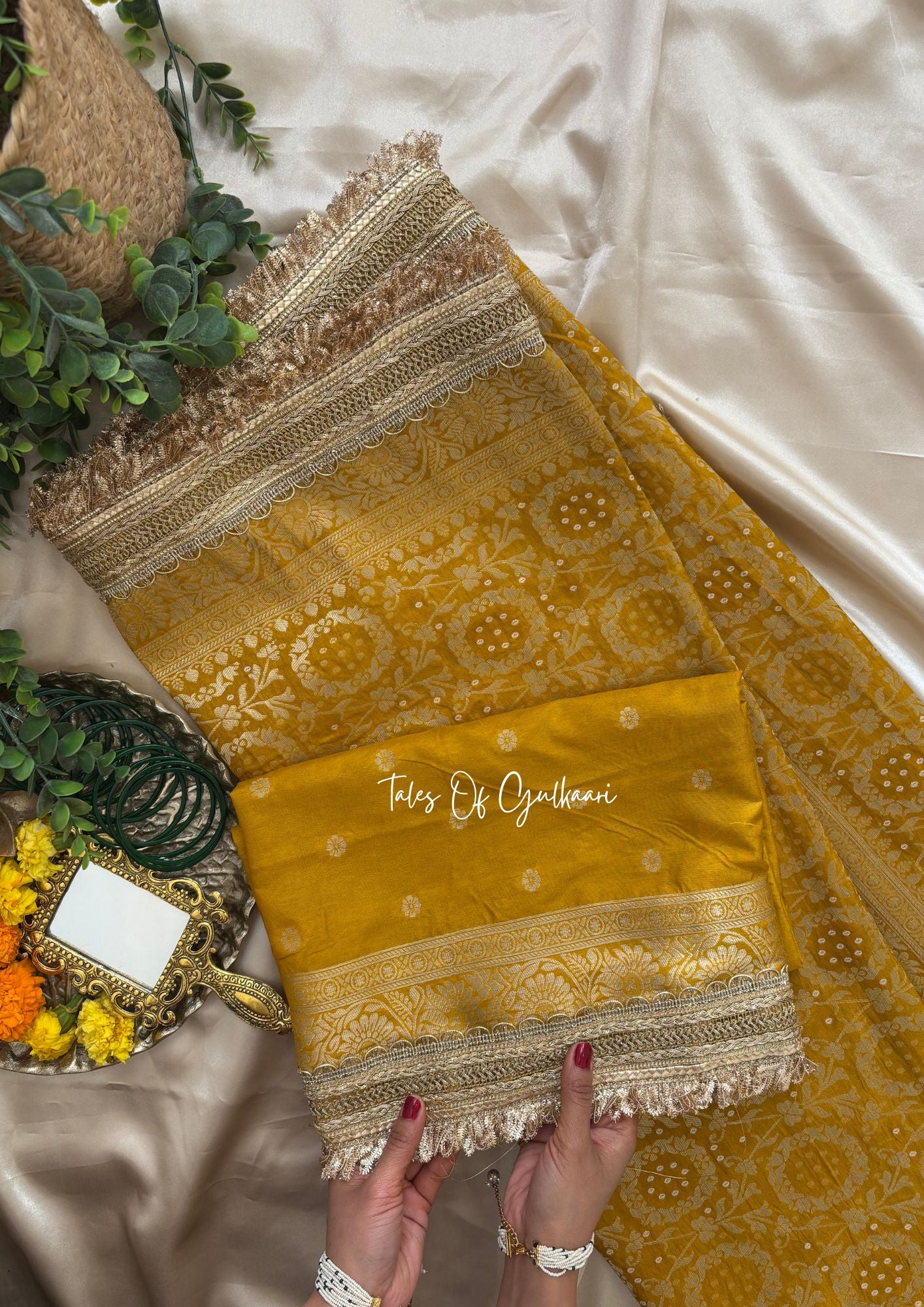 The Noor-E-Bandhej ~ Soft Katan Silk Saree In Mustard Yellow Color with Lace Work