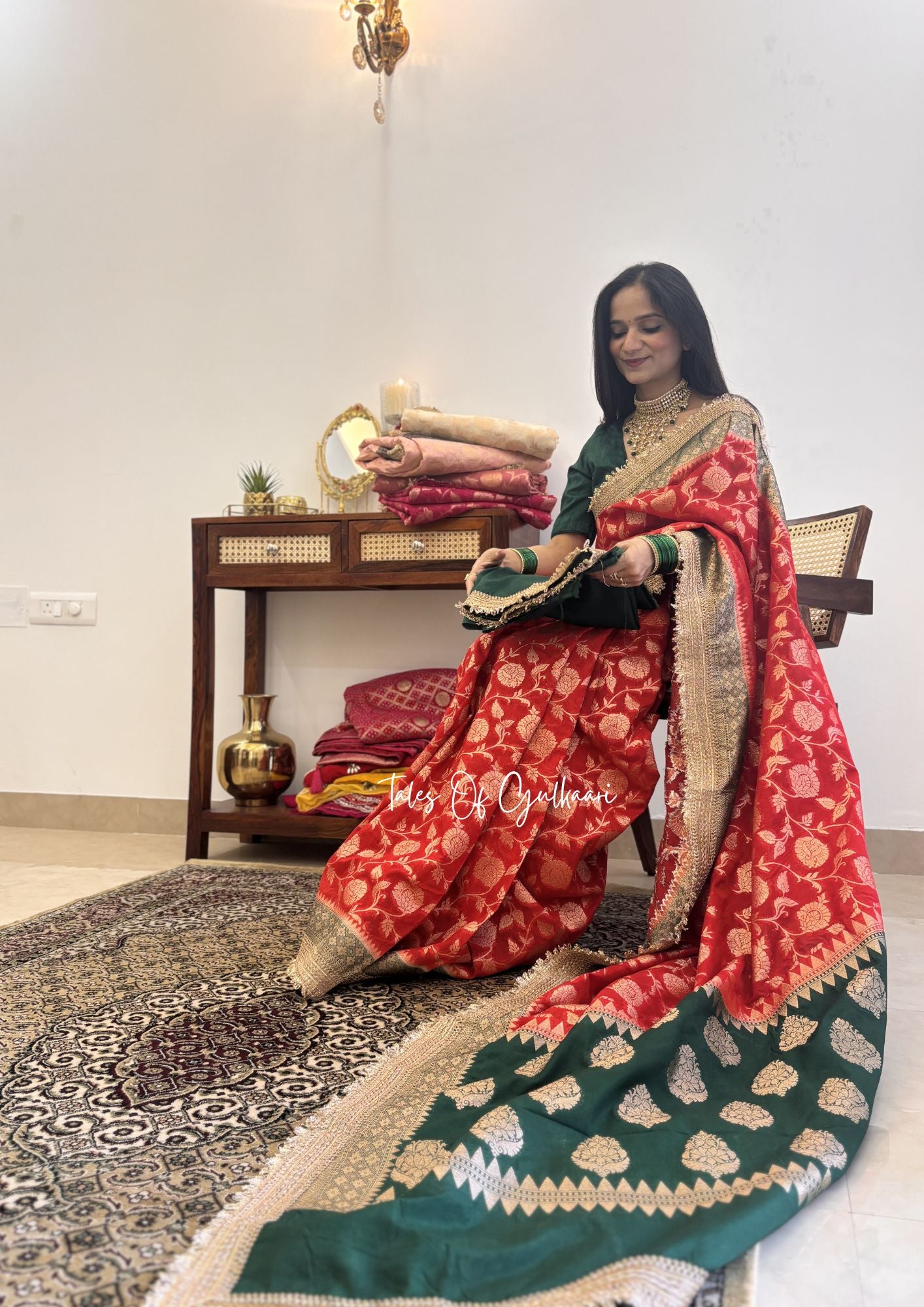 Phulkaari – Soft Banarasi Semi Khaddi Katan Georgette Silk Saree | Red & Green