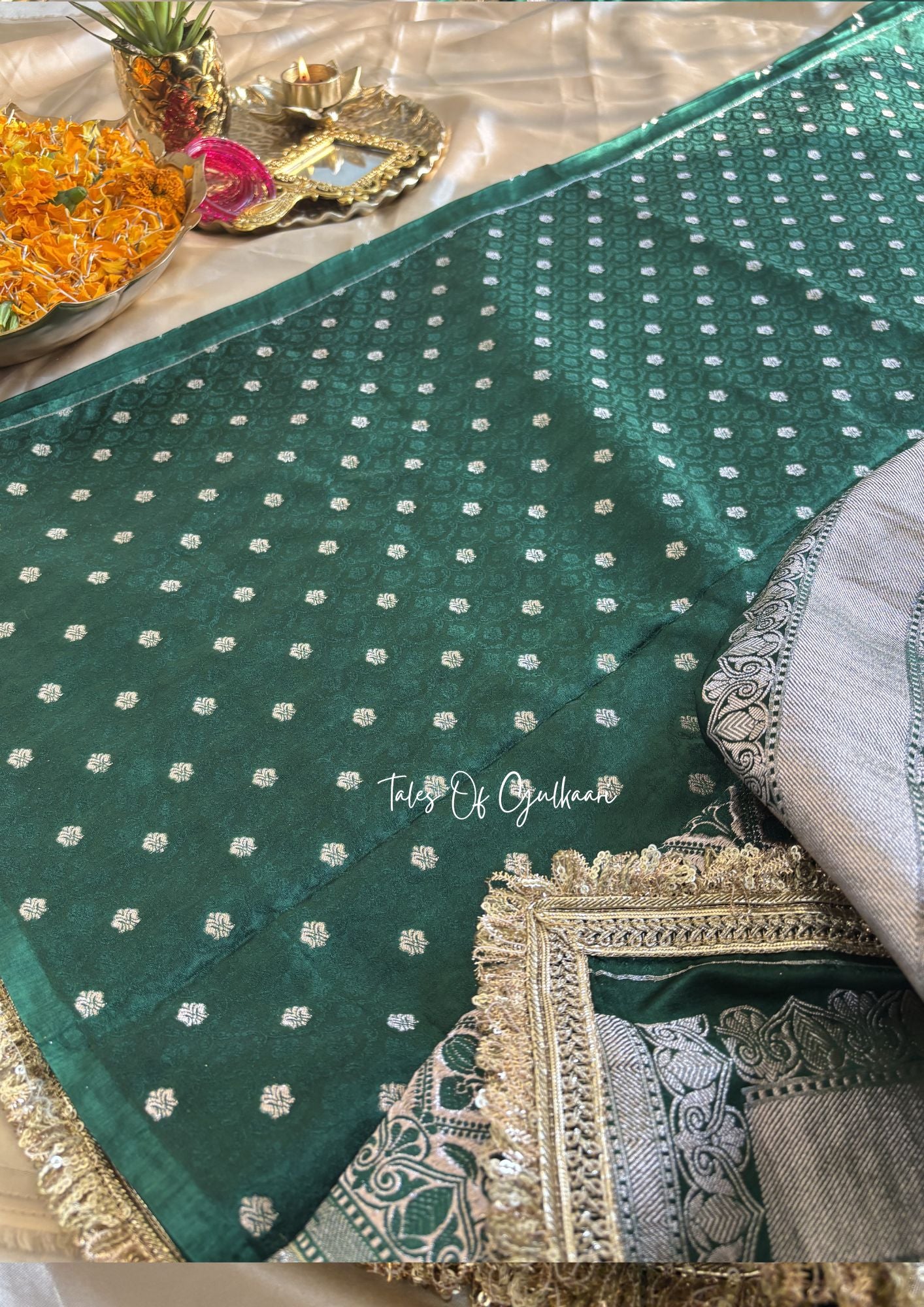 The Chaand ~ Soft Masrhu Katan Silk Saree In Dark Green With Lace Work