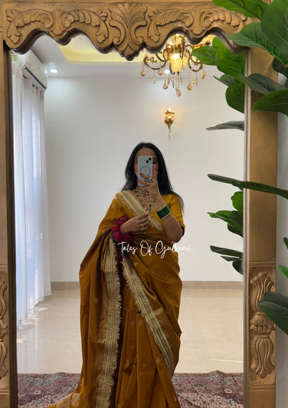 The Nazakat ~ Soft Silk Saree In Mustard Yellow with Lace Work