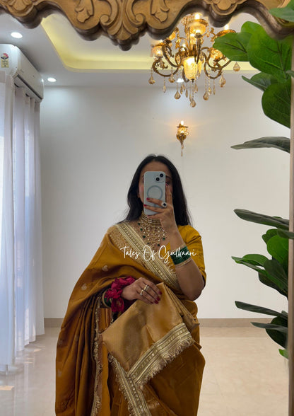 The Nazakat ~ Soft Silk Saree In Mustard Yellow with Lace Work