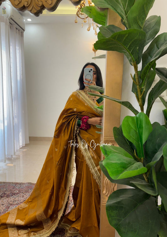 The Nazakat ~ Soft Silk Saree In Mustard Yellow with Lace Work