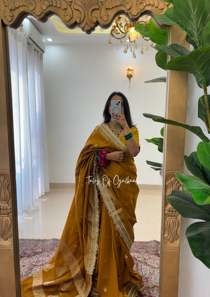 The Nazakat ~ Soft Silk Saree In Mustard Yellow with Lace Work