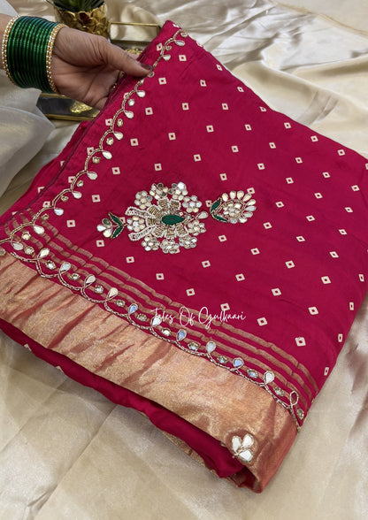 The Rajsi Bandhej ~ Premium Soft Modal Dola Silk Saree with Lagdi Patta ~ Pink✨