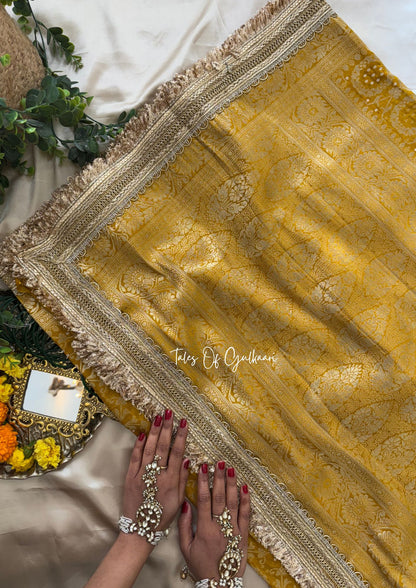 The Noor-E-Bandhej ~ Soft Katan Silk Saree In Mustard Yellow Color with Lace Work