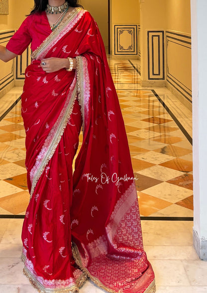 The Chaand ~ Soft Mashru Katan Silk Saree In Red With Lace Work