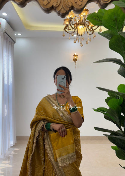 The Noor-E-Bandhej ~ Soft Katan Silk Saree In Mustard Yellow Color with Lace Work