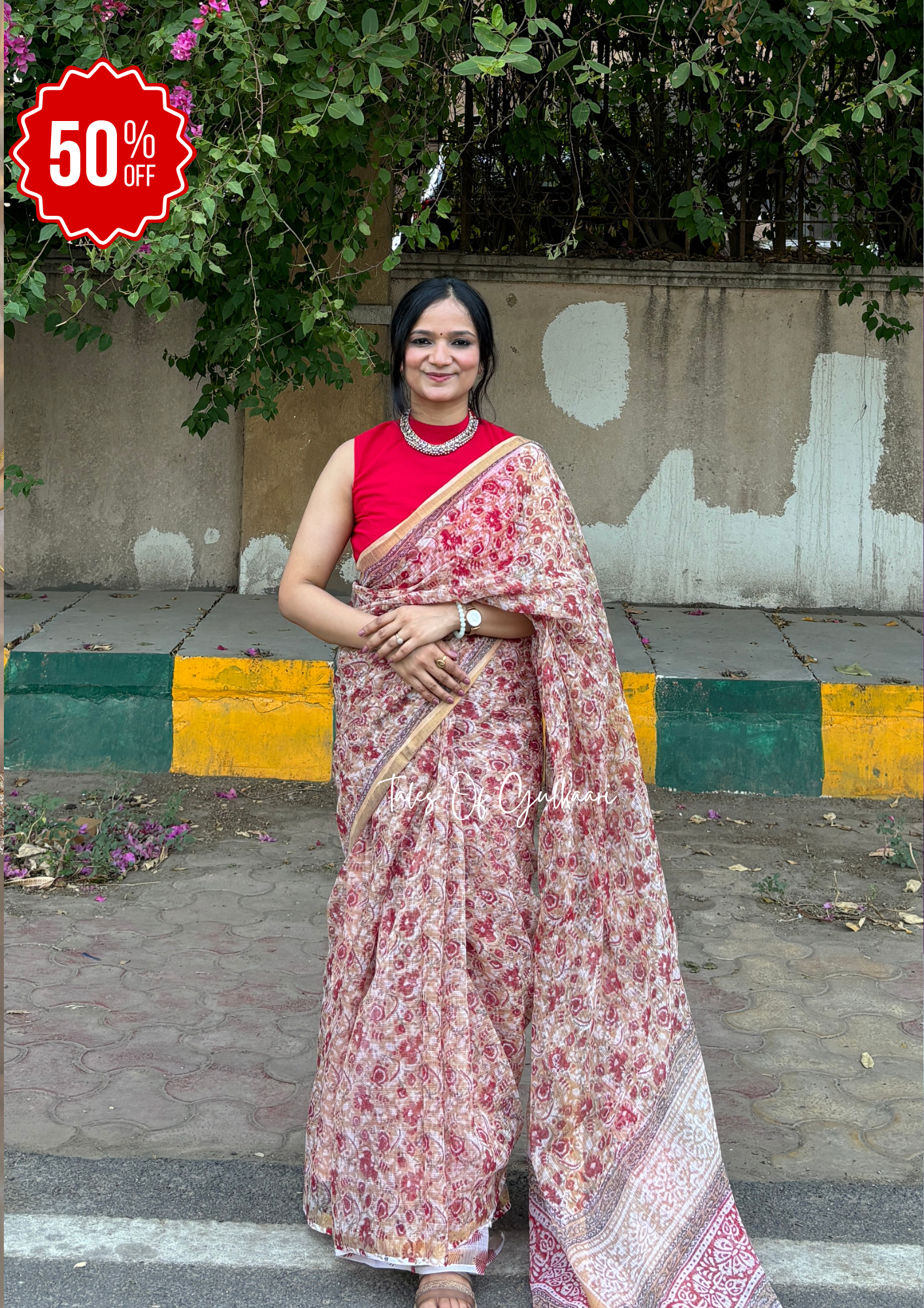 Red hues with beige flowers - Hand-Block Prints Pure Kota Doria Saree