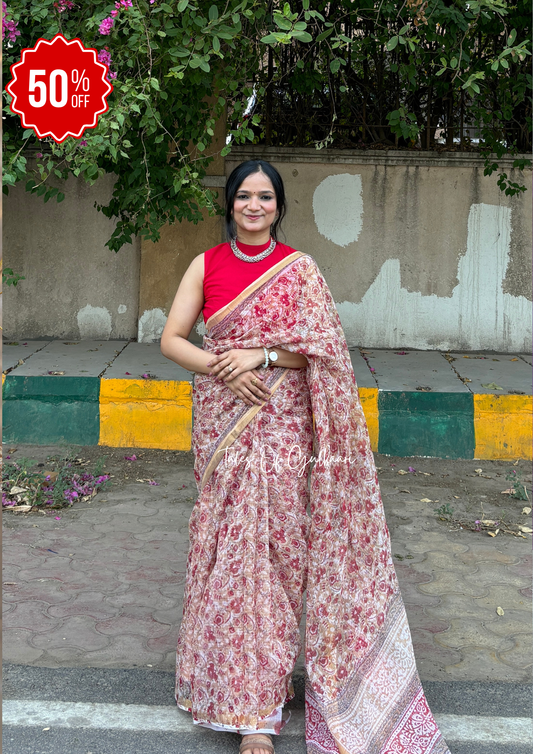 Red hues with beige flowers - Hand-Block Prints Pure Kota Doria Saree