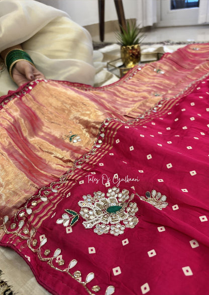 The Rajsi Bandhej ~ Premium Soft Modal Dola Silk Saree with Lagdi Patta ~ Pink✨