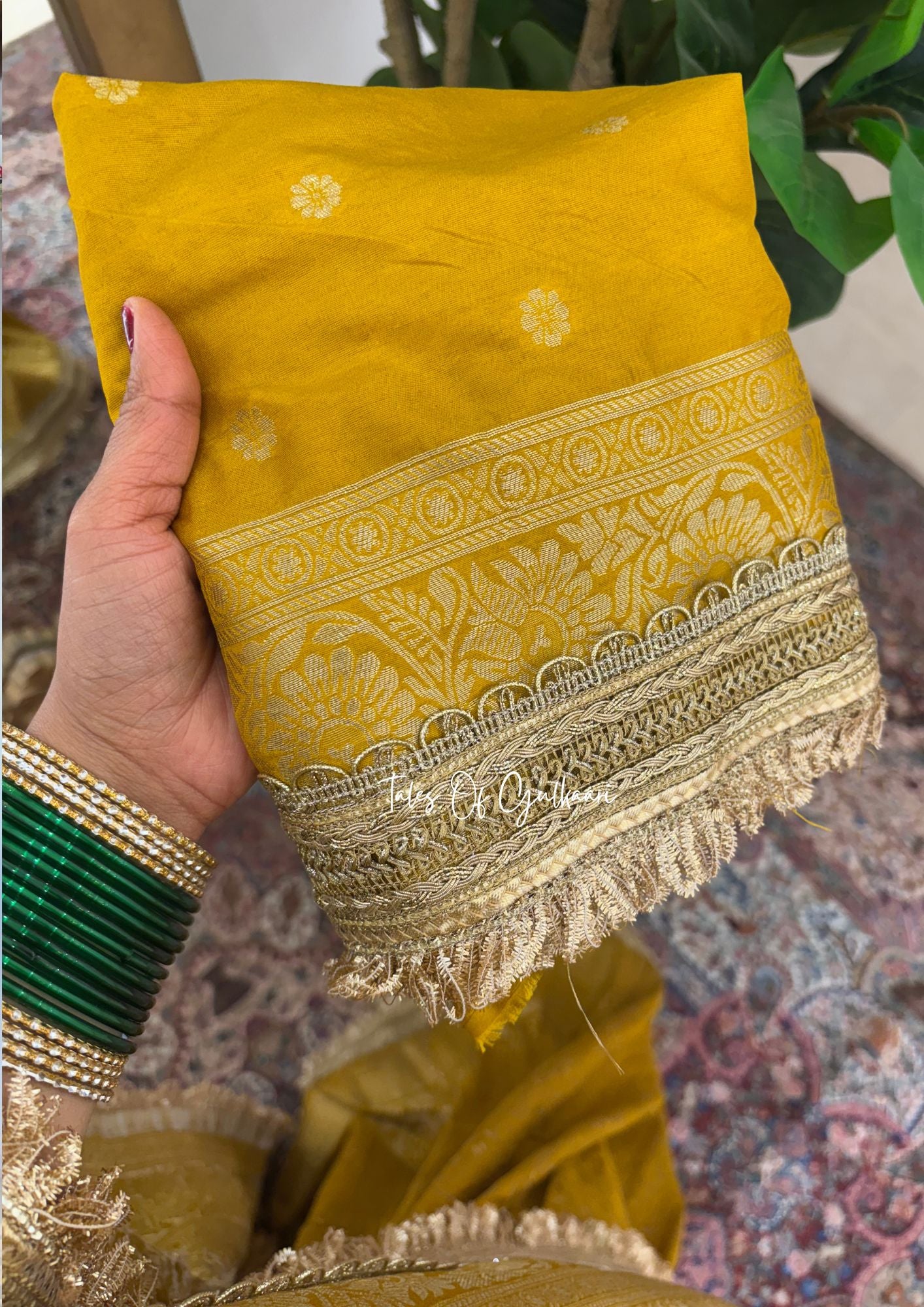 The Noor-E-Bandhej ~ Soft Katan Silk Saree In Mustard Yellow Color with Lace Work