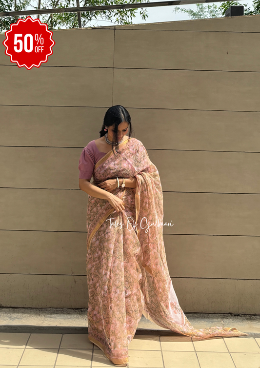 The peachy pink magic- Hand-Block Prints Pure Kota Doria Saree