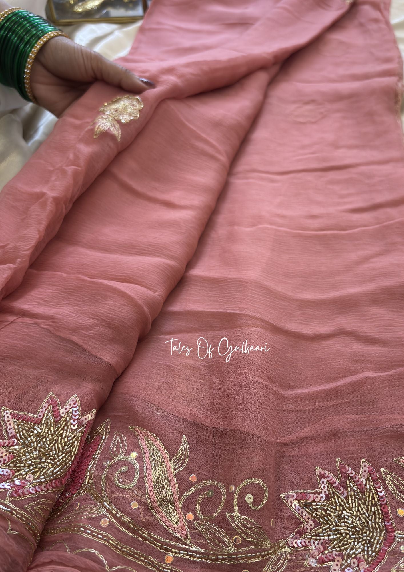 The Pure Chiffon Saree – Hand Embroidered Border Elegance ~ Soft Pink