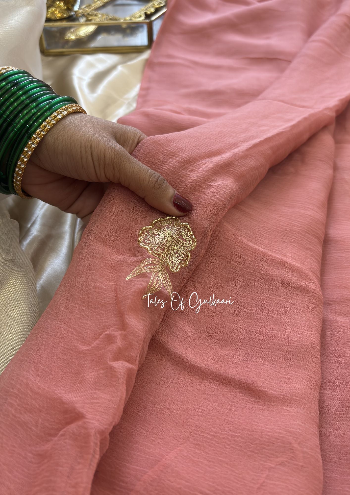 The Pure Chiffon Saree – Hand Embroidered Border Elegance ~ Soft Pink