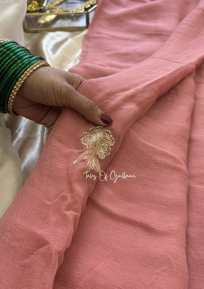 The Pure Chiffon Saree – Hand Embroidered Border Elegance ~ Soft Pink