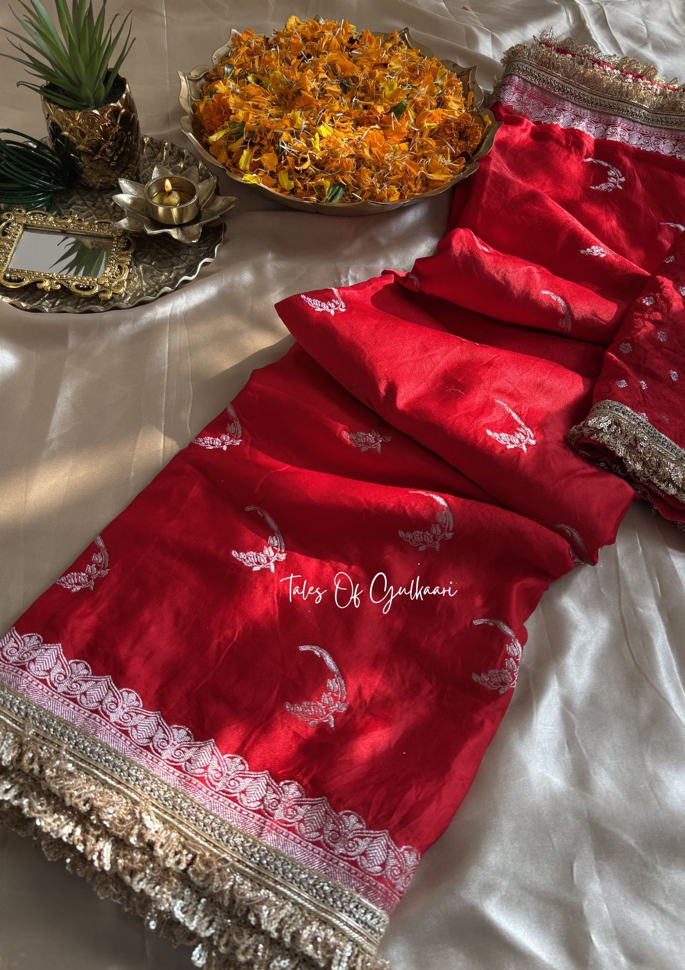 The Chaand ~ Soft Mashru Katan Silk Saree In Red With Lace Work