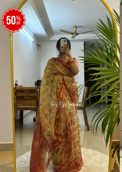 The Tie-Die Mint Green & Orange- Hand-Block Prints Pure Kota Doria Saree