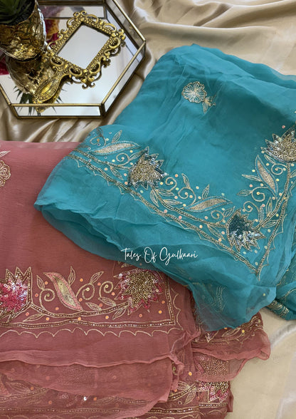 The Pure Chiffon Saree – Hand Embroidered Border Elegance ~ Soft Aqua Blue