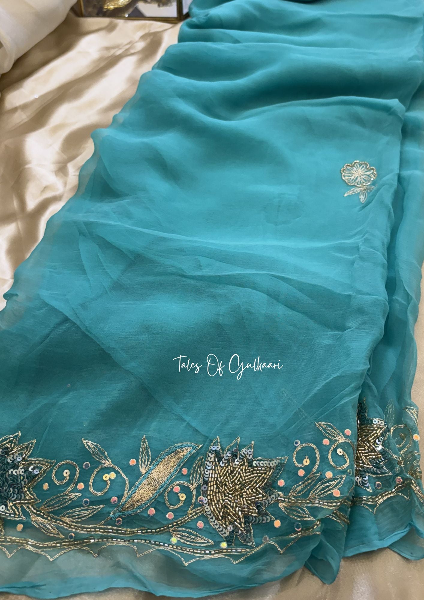 The Pure Chiffon Saree – Hand Embroidered Border Elegance ~ Soft Aqua Blue