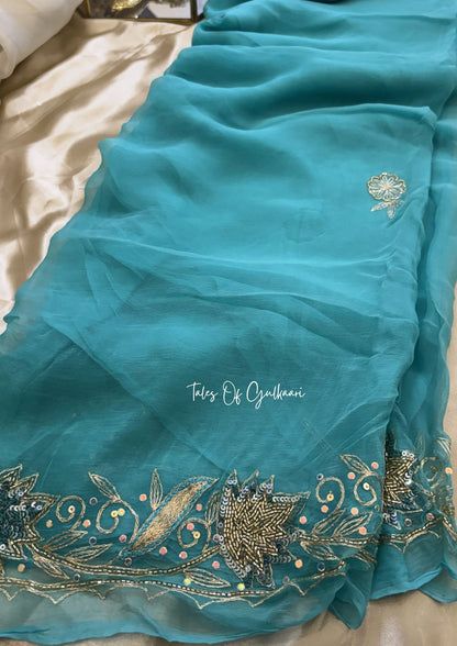 The Pure Chiffon Saree – Hand Embroidered Border Elegance ~ Soft Aqua Blue