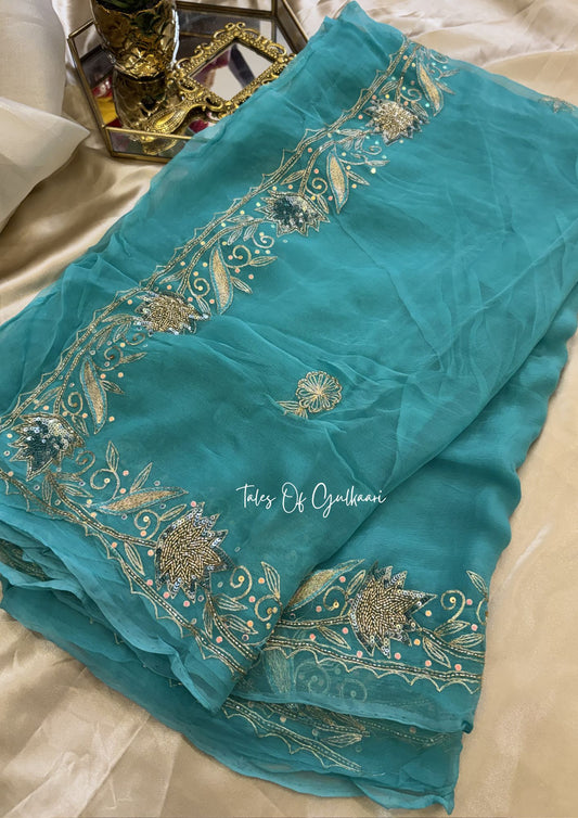 The Pure Chiffon Saree – Hand Embroidered Border Elegance ~ Soft Aqua Blue
