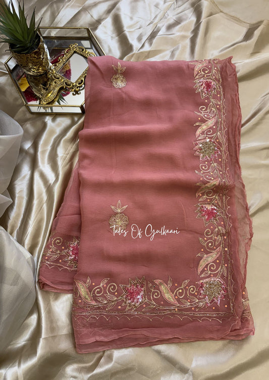 The Pure Chiffon Saree – Hand Embroidered Border Elegance ~ Soft Pink