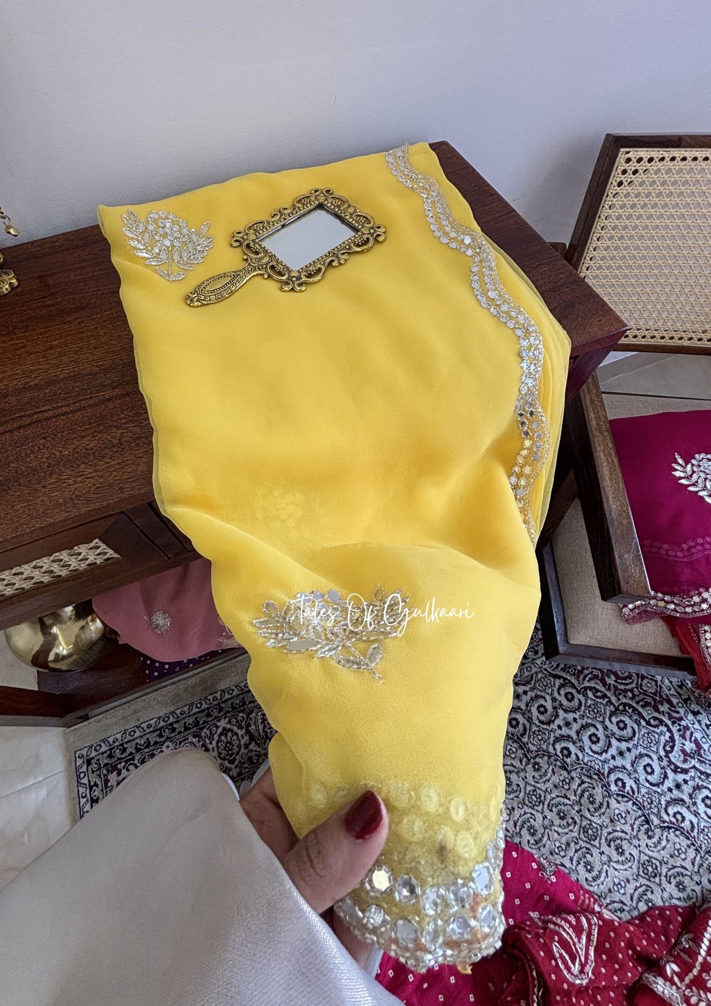 Sheesh Mahal Premium Soft Georgette Saree – Mirror Gota Elegance ~ Lemon Yellow