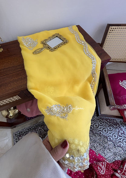 Sheesh Mahal Premium Soft Georgette Saree – Mirror Gota Elegance ~ Lemon Yellow