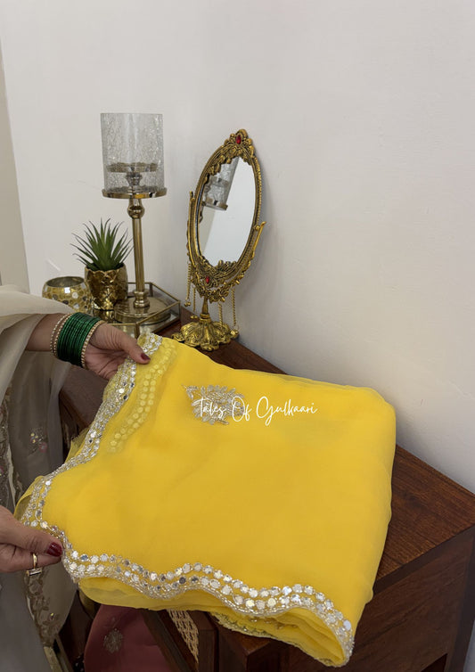 Sheesh Mahal Premium Soft Georgette Saree – Mirror Gota Elegance ~ Lemon Yellow