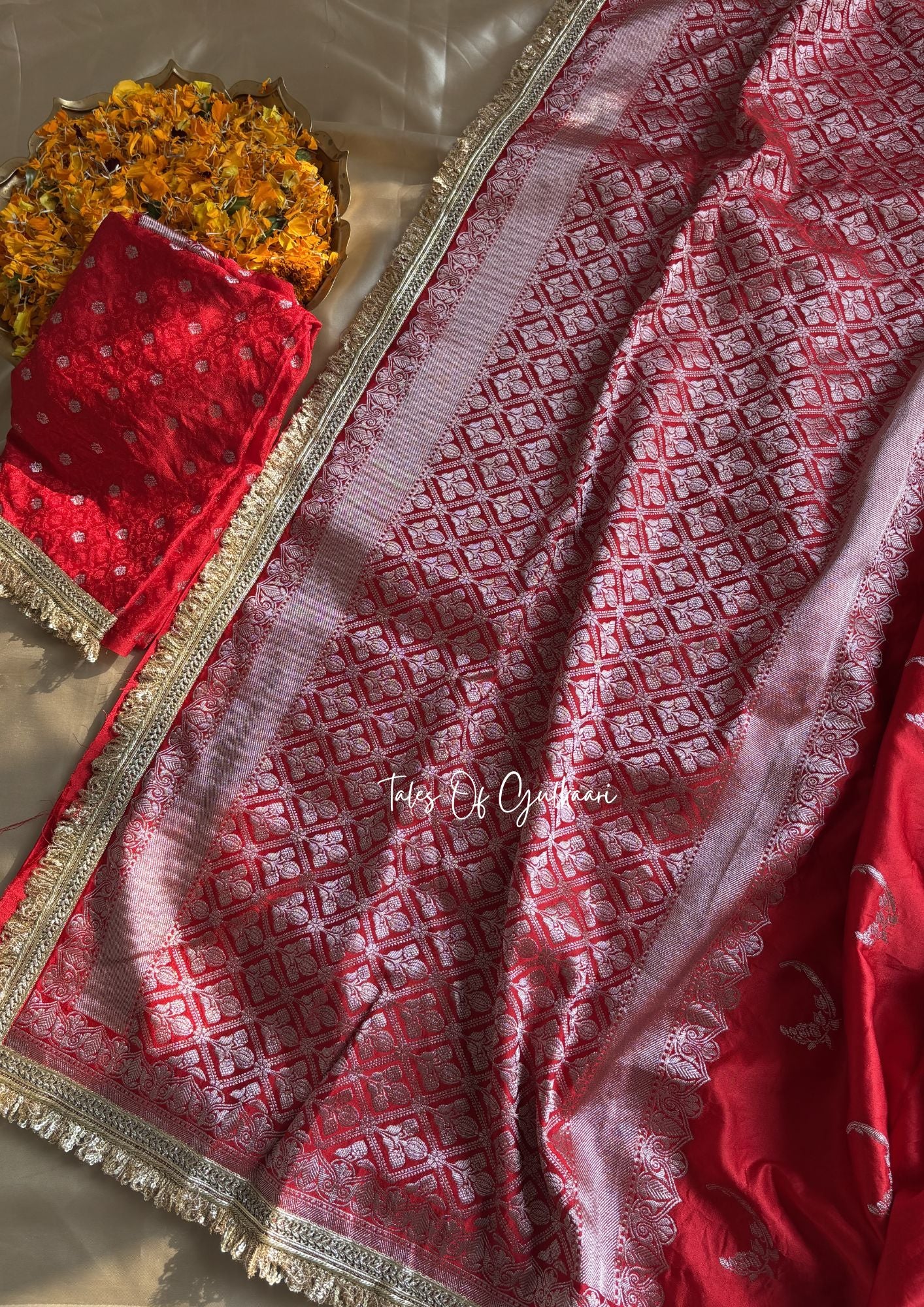The Chaand ~ Soft Mashru Katan Silk Saree In Red With Lace Work