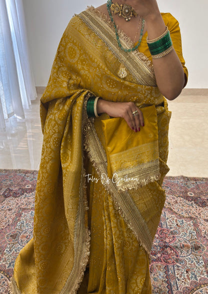 The Noor-E-Bandhej ~ Soft Katan Silk Saree In Mustard Yellow Color with Lace Work