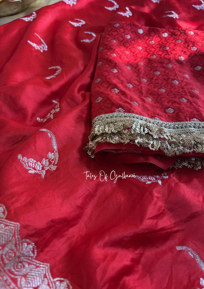 The Chaand ~ Soft Mashru Katan Silk Saree In Red With Lace Work
