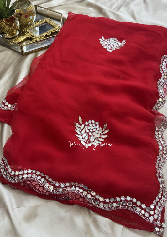 Sheesh Mahal Premium Soft Georgette Saree – Mirror Gota Elegance ~ Red