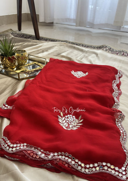 Sheesh Mahal Premium Soft Georgette Saree – Mirror Gota Elegance ~ Red