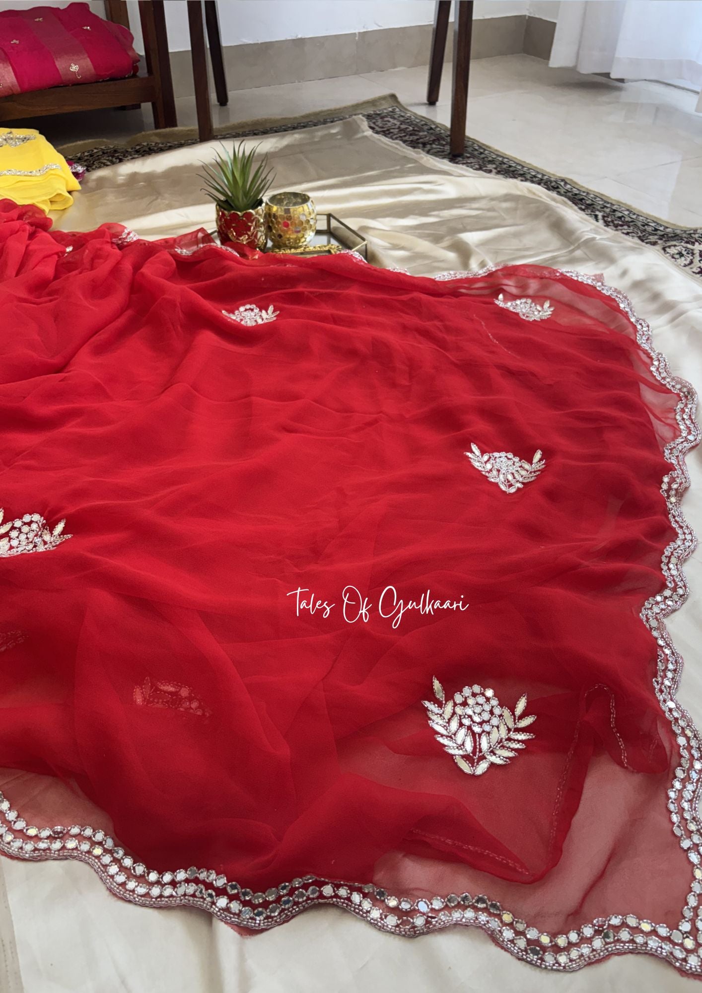 Sheesh Mahal Premium Soft Georgette Saree – Mirror Gota Elegance ~ Red